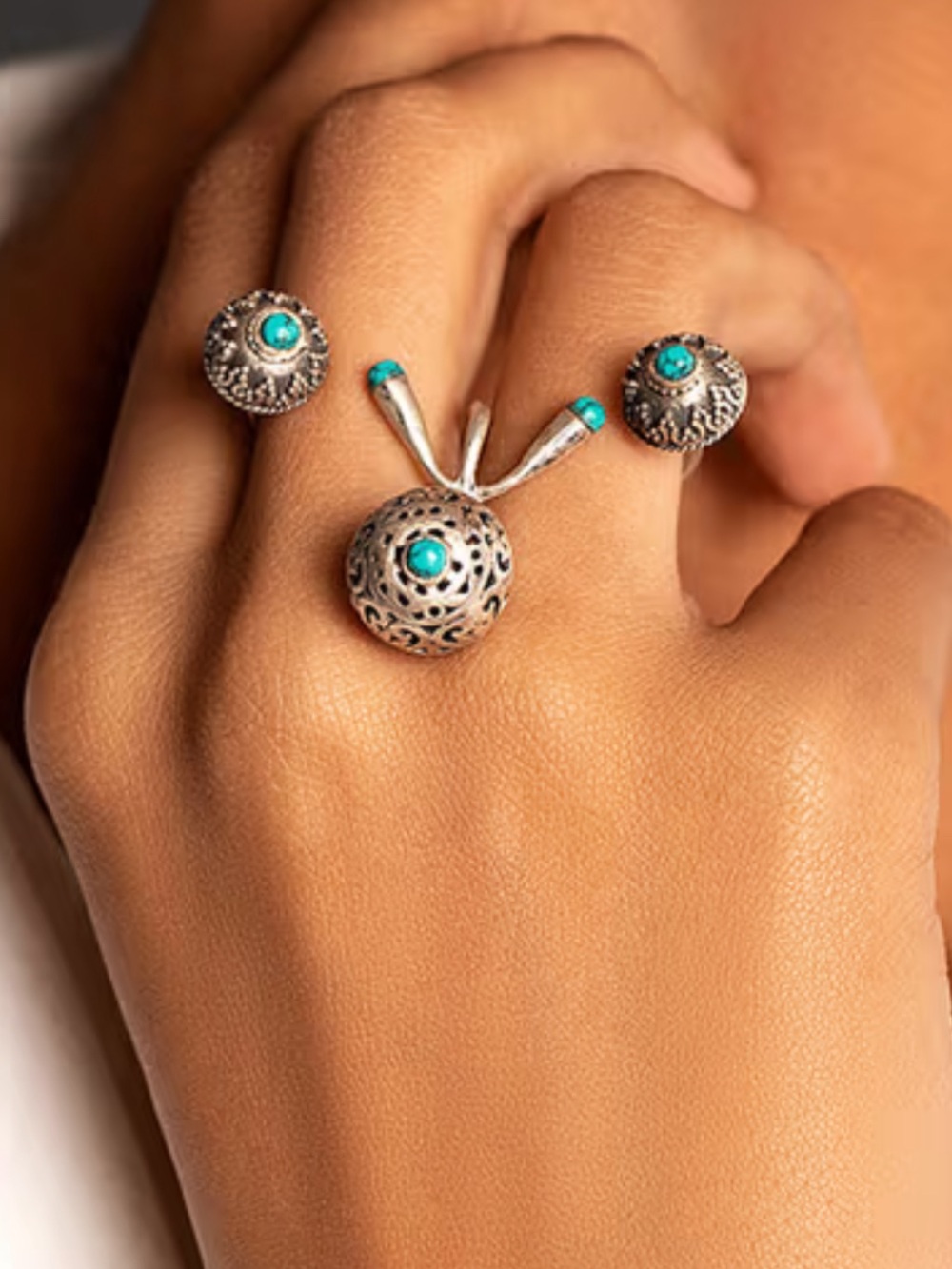 Sterling Silver Filigree Ring Set with Turquoise Accents